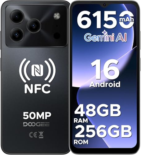 DOOGEE Note 56 Plus Mobile Phones, Newest Android 16 Smartphone, 48GB + 256GB/2TB, 6150mAh & 6.56 HD+ 90Hz Display, 50MP Camera, 4G Dual Sim Free Unlocked Phones, Face ID/Fingerprint/NFC/OTG, Black
