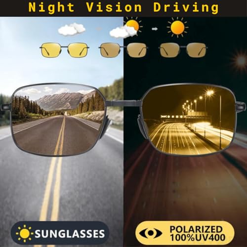 Image of HUVORA Foldable UV Protected Polarized Rectangular Sunglasses for Men Women Stylish Metal Frame Shades Sun Glasses Lightweight Photochromic Square Night Driving Goggles