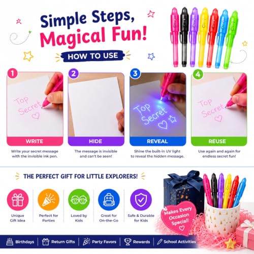 Image of kidivo Invisible Ink Magic Spy Pen with UV Light for Kids, Secret Message Marker, Multicolor Detective Writing Toy, Birthday Return Gift, Party Favor for Boys & Girls, Pack of 3
