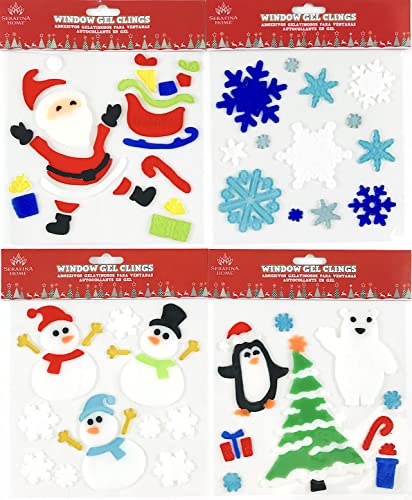Christmas Gel Cling Stickers for Windows and Mirrors - 6 Sheets of Winter Designs: Santa's Sleigh, Penguin, Polar Bear, Snowmen and More!