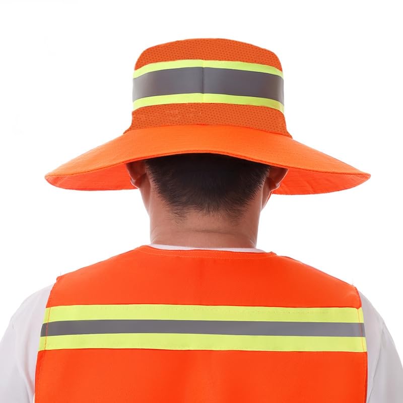 Image of Unisex High Visibility Reflective Bucket Hat Mesh Wide Brim Work Safety Boonie Hat Sun Protection Packable Sun Cap Bucket Cap