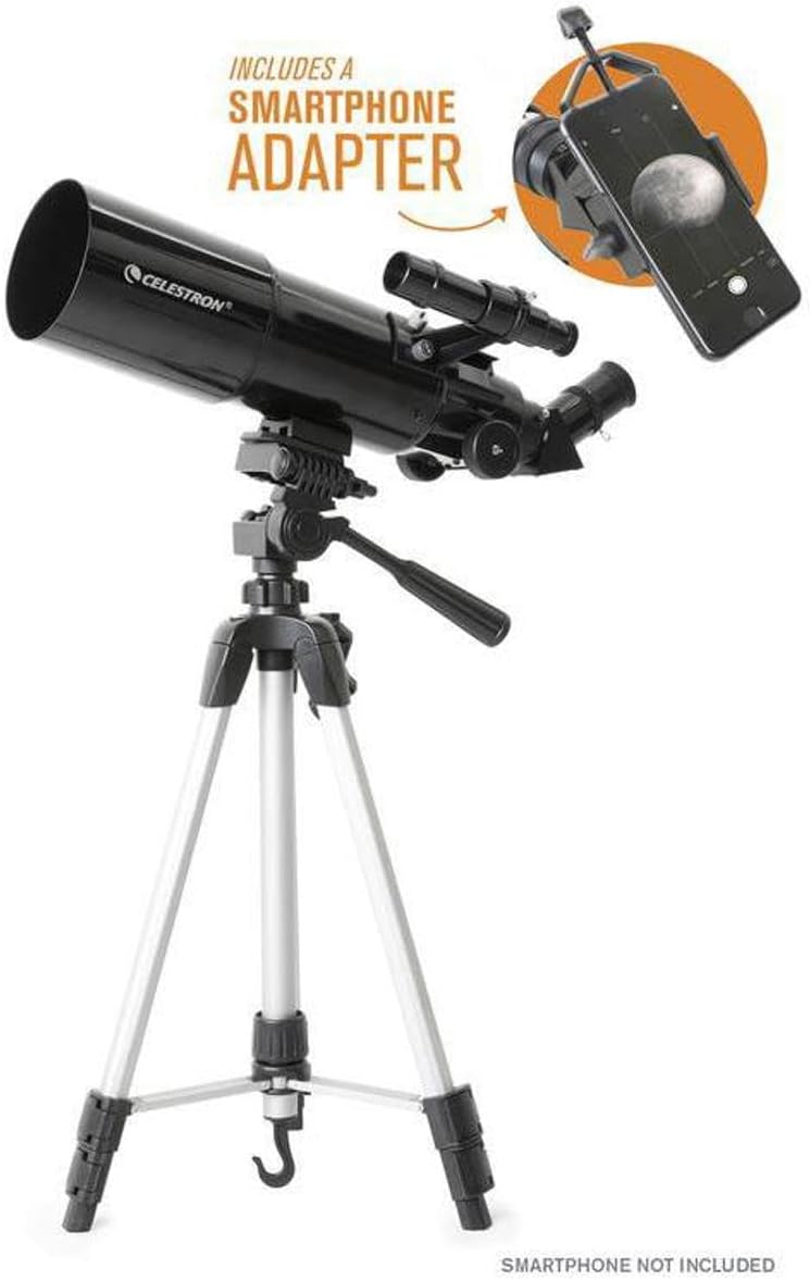 Celestron Travel Scope 80 Portable Refractor Telescope – 80mm Aperture, Fully-Coated Glass Optics – Includes Tripod, Smartphone Adapter, Backpack & Software – Ideal for Beginners & Travel