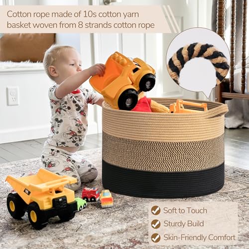 Image of INDRESSME XXXLarge Cotton Rope Basket 21.7 inch x 21.7 inch x 13.8 inch Woven Baby laundry Blanket Basket for Living Room Decor, Toy Storage Baskets for Kids Boys Girls, Camel Mix & Black