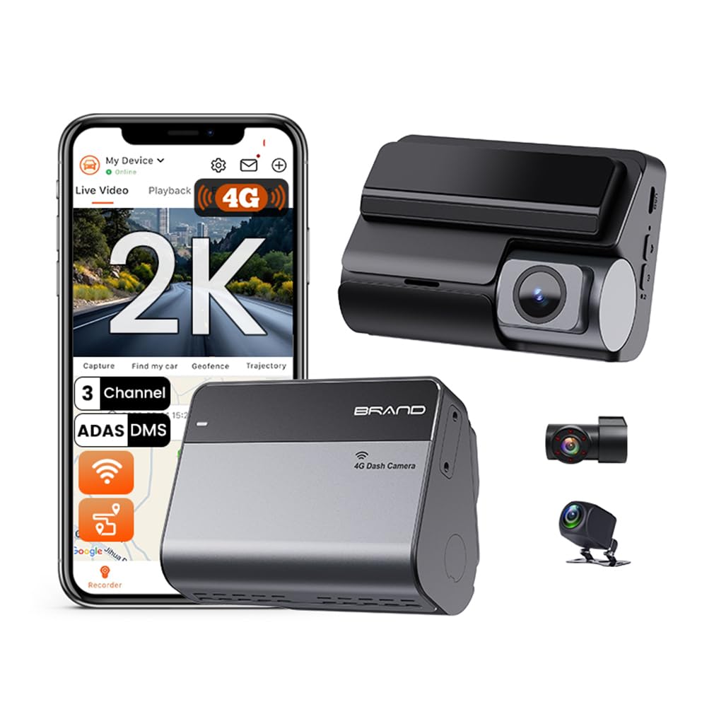 Cámara de salpicadero de coche 4G LTE ULHD 2K, tres canales frontal interior y trasero 2K+1K+1K DVR para coche con ADAS DMS, compatible con control de aplicación WiFi, con reproducción de seguimiento