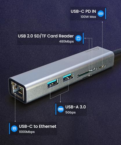 Image of USB-C Ethernet Adapter with 100W Charging Port & Multiport Hub - Gigabit Ethernet Adapter, 5GB USB 3.0, SD /FT for Laptops, MacBooks, Chromebooks & More