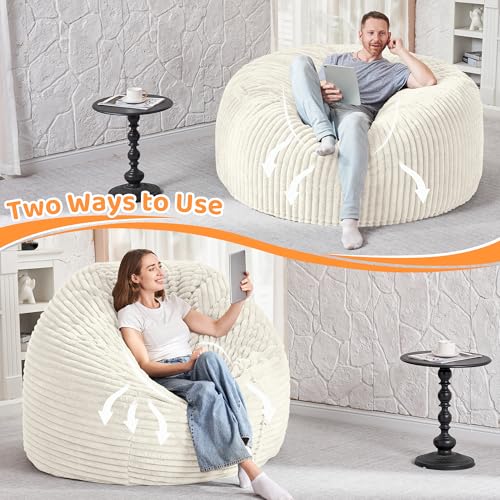 Image of HABUTWAY 6FT Bean Bag Chair, 6' Large Bean Bag Chairs for Adults with Removable Stripe Plush Cover, Memory Foam Beanbag Chair for Living Room Bedroom Dorm,White