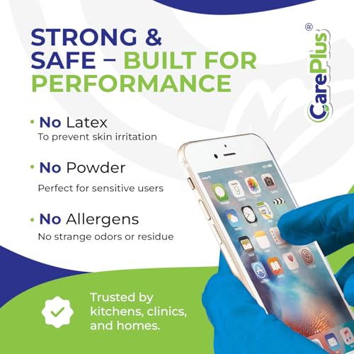 CARE PLUS Disposable Blue Vinyl Gloves, Small Size, Cleaning, Non Latex, Plastic, Food Service, Ambidextrous, Powder Free, All Purpose, 100 Count Dispenser Box