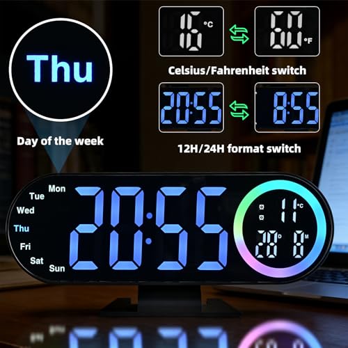 Digital Alarm Clocks with 16 Night Light, Loud Alarm Clock for Heavy Sleepers Adults Teens Kids Seniors, 3 Brightness 2 Alarm Mirror and LED Big Display Clocks for Bedside, Desk, Bedrooms Living Room — view 6