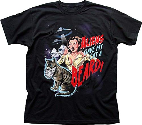 YK Aliens Gave My Cat a Beard Funny B Movie Black Cotton t-Shirt FN9238
