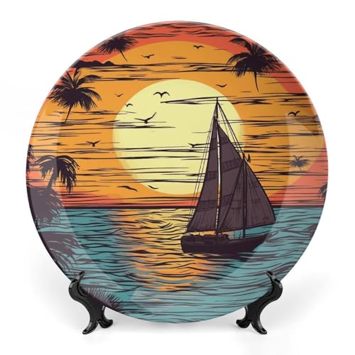 Assiette décorative en céramique avec motif coucher de soleil et support