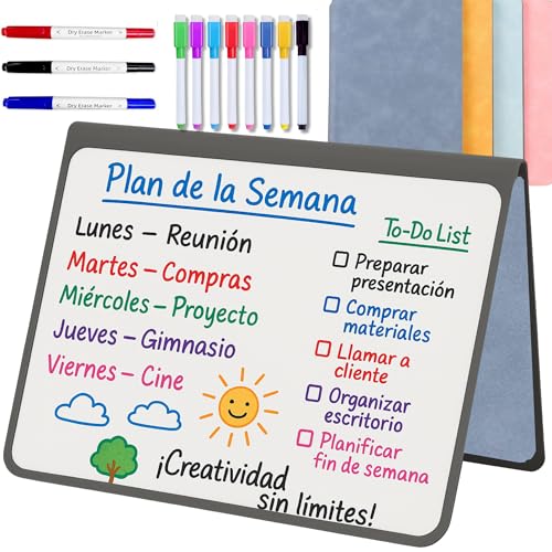 MandA® PIZARRA BLANCA pequeña | CUADERNO Pizarra PLEGABLE, BORRABLE y PORTÁTIL | Pizarra MAGNÉTICA | 2 x A5 + 11 Rotuladores + Borrador - Cuaderno de pizarra | INFANTIL| OFICINA | ESTUDIAR | Gris.