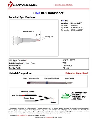 Image of Thermaltronics H60-BC1 Bevel 60deg 1.78mm (0.07in) interchangeable for Hakko T31-03BC1