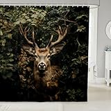 Loussiesd Hirsch Duschvorhang 180x200cm Zweige Duschvorhang Textil für Badezimmer Stände Badewannen Jugendliche Fall Duschvorhang Blätter Wasserfest Duschvorhang Badezimmer Dekor Drab Duschvorhang