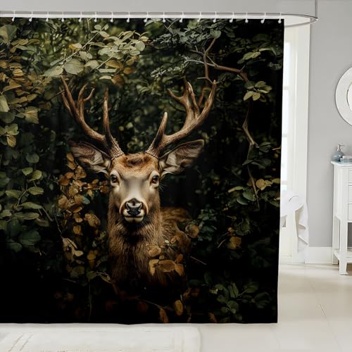 Loussiesd Hirsch Duschvorhang 180x200cm Zweige Duschvorhang Textil für Badezimmer Stände Badewannen Jugendliche Fall Duschvorhang Blätter Wasserfest Duschvorhang Badezimmer Dekor Drab Duschvorhang