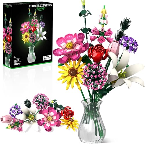 Rongmeiz Flower Clusters Blumenstrauß-Bausatz-Set, 721 Teile Ewiger Strauß mit Pfingstrose, Rose, Sonnenblume, Lilie, DIY Deko & Geschenk zum Muttertag/Valentinstag, Bausteine ab 6 Jahren