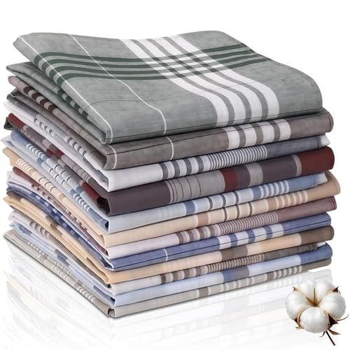 Vesavifaka Näsdukar herr, 12 stycken bomullsnäsdukar, set, 100 % bomull, 40 cm x 40 cm stora män återanvändbara herrnäsdukar med rutmönster för män och kvinnor