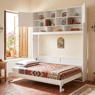 Merax Queen Murphy Bed with Storage, Space-Saving Wall Bed Cabinet, Foldable Queen Size Wall Bed with Hydraulic Lift, Chevron Stripe Design, Large Storage Space, 600 lbs Capacity, White