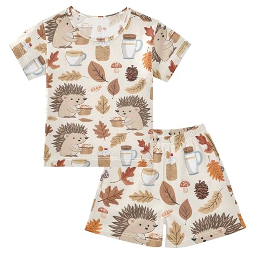 ALAZA Hedgehog Leaves Autumn Cartoon Pajamas Short Sleeve 2 Piece Sleepwear Top and Bottom Pajama Set Unisex