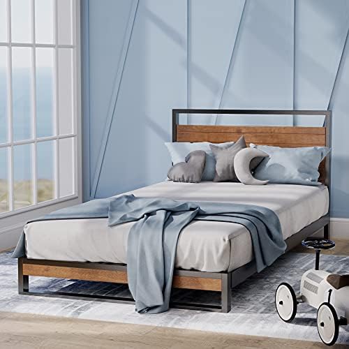 ZINUS Suzanne 18 cm Metal and Wood Platform Bed Frame | Solid Wood & Steel Construction | Wood Slat Support | For Adults, Kids, Teenagers | Easy Assembly | Single | Chestnut Brown