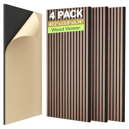 TONOR 4-Pack Acoustic Wood Veneer Wall Panels, 47.2” * 23.6” * 0.74” 3D Self-Adhesive Panel, Dual Layer Soundproof Tiles for Echo Absorption, Decorative Acoustical Barrier, Walnut Brown Veneer
