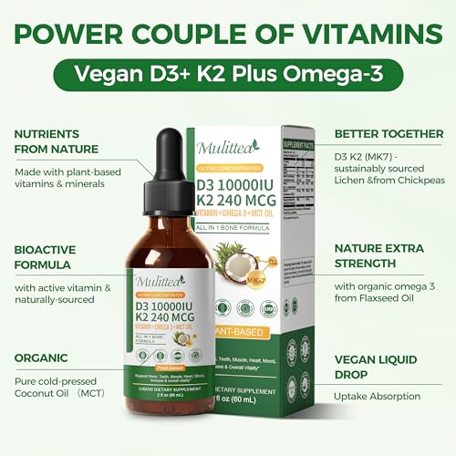 Mulittea 2 Pack Vitamin D3 K2 Liquid 10000 IU w MK7 Omega 3 and MCT Oil - image 3