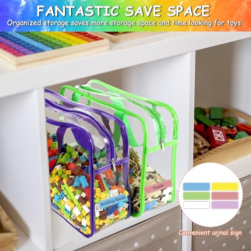 Image of 6 Color Large Toy Storage Bags with Labels, Reusable Clear PVC Board Game Storage, Travel Waterproof Organizer Bags with Zipper for Building Blocks, Puzzle, Kids Books