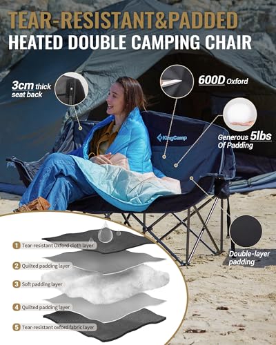 Image of KingCamp Heated Double Camping Chair, Oversized 880lbs Heavy Duty Loveseat for Adults Portable Folding XL 2 Person Couch Padded Comfortable with 3 Heat Levels for Outdoor Sports Lawn, Blue /Grey