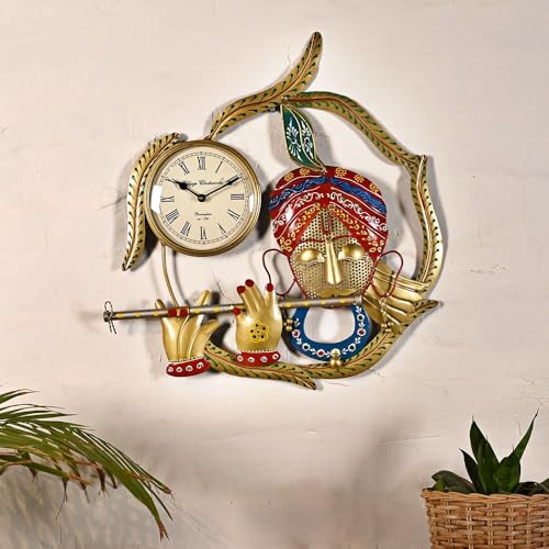 Image of Handcrafted Metal Krishna Wall Clock for Home Decor | Lord Krishna Design Spiritual Wall Art for Living Room, Bedroom, Temple & Office | Elegant Religious Gift Item (Multicolour, Iron Art)