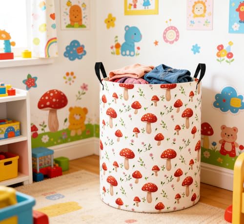Image of Baby Laundry Basket Baby Nursery Hamper Kids Laundry Basket Toy Storage Bin for Boys Room Decor Gift Baskets for Bedroom Bathroom(Mushroom)