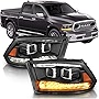 AmeriLite for 2009-2019 Dodge Ram 1500 2500 3500 Both Model Pickup Switchback Dual LED Parking Turn Signal Dual Projector Black Headlights Assembly Set - Passenger and Driver Side