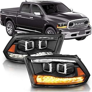 AmeriLite for 2009-2019 Dodge Ram 1500 2500 3500 Both Model Pickup Switchback Dual LED Parking Turn Signal Dual Projector Black Headlights Assembly Set - Passenger and Driver Side