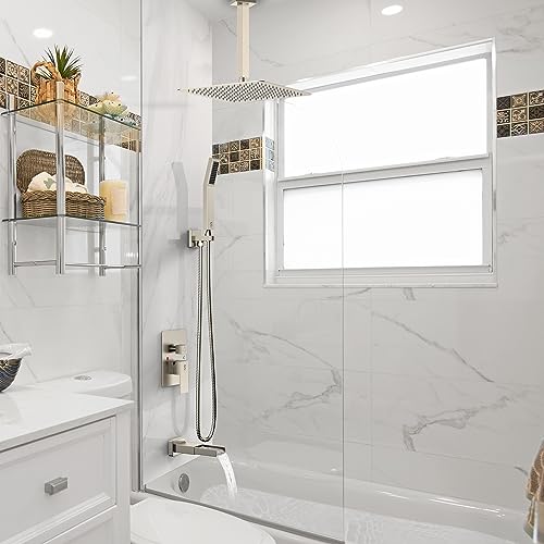Image of SR SUN RISE 12 Inches Shower and Tub Faucets Sets Complete All Metal Shower System with Tub Spout Square Bathtub Faucet Set Shower Head and Handheld Combo, Brushed Nickel(Valve Included)