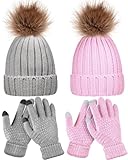 4 Pcs Winter Beanie Hat Gloves Set Pom Knit Unisex Warm Fleece Lined Hat Touchscreen Gloves for Women Men Couples Friends(Gray and Pink)