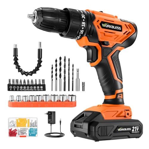 WORKBLESS Taladro atornillador con batería de 21 V, 40 Nm, par máximo en 19 niveles, taladro con batería con 2 velocidades para taladrar + tornillos, electrónica de velocidad, luz LED, color naranja