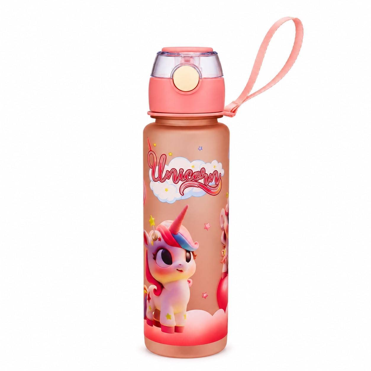 Unicorn Cartoon Kids Water Bottle, Leakproof with Straw, Strap & Stickers