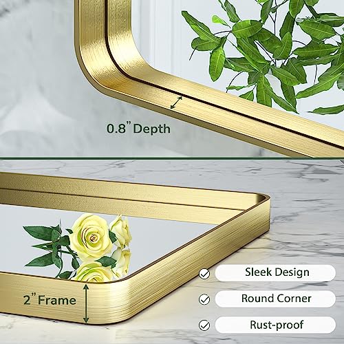 Tokeshimi Bathroom Mirror For Wall 24 X 32 Inch Gold Brushed Brass Metal Rounded Corner Rectangle Mirror Wall Mirror In Metal Frame #TOP3