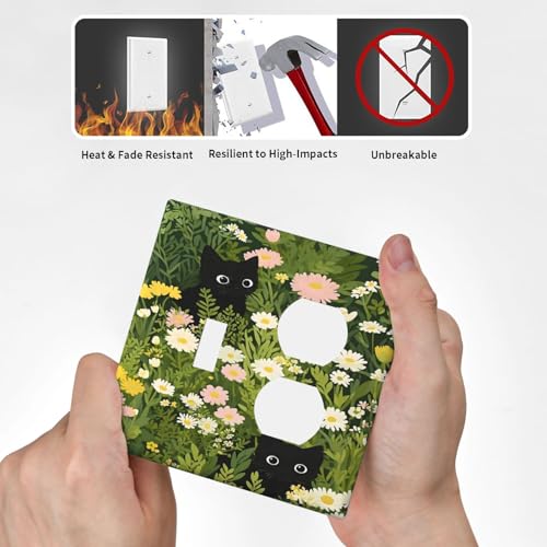 Decorative Outlet Covers Funny Cute Black Cat Colorful Flower Green Plant 2 Gang Wall Plate Cover Single Toggle Duplex Combo Two Switch Light Switch Cover Plate Dual GFCI Faceplate