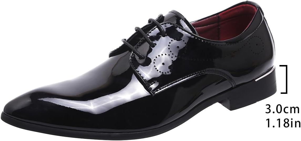 Men Fashion Dress Business Shoe Pointed Toe Floral Patent Leather Lace Up Oxford Black Brown Red Grey