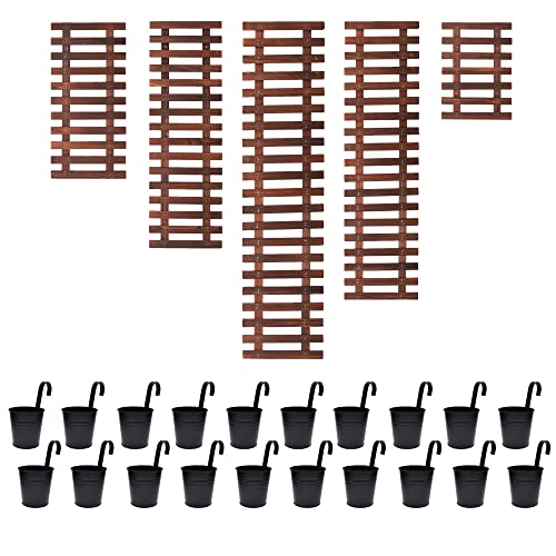 LaLaGreen Bundle - 4" Black Metal Flower Pots + 5-pc Set Wooden Plant Holder, Super Value Pack to Create Herb Garden, Green Wall Mounted Huge Wooden Decor Large Vertical Garden ShopLaLa