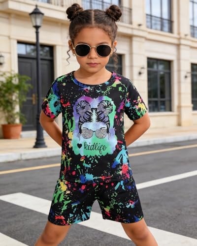 Image of OLMRJKD Kid Toddler Girl Clothes Summer Short Sleeve Figure Graphic Tee Shirt + Shorts Summer Outfits Set