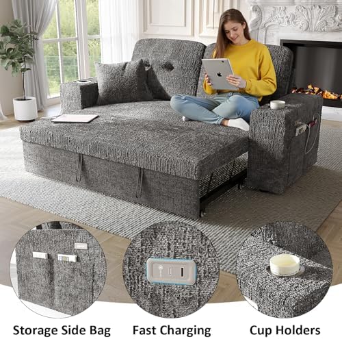 63 Inch Sleeper Sofa Bed, 4 in 1 Pull Out Couch Bed with Adjustable Backrest, Small Loveseat with Wide Armrest | USB Charging | Side Pockets | Cup Holders | Tool Free Assembly, Grey Chenille - Thumbnail 5