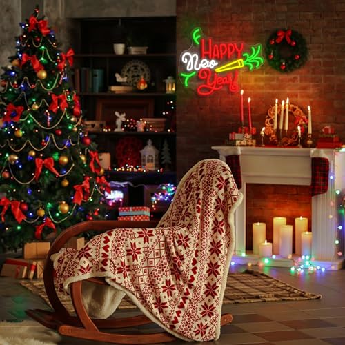 Image of GNVETZLL Happy New Year Neon Sign for Wall Decor Dimmable Colorful New Year LED Light Sign for Bar Party Celebrate New Year Christmas Decoration(15.75 * 12.6In)