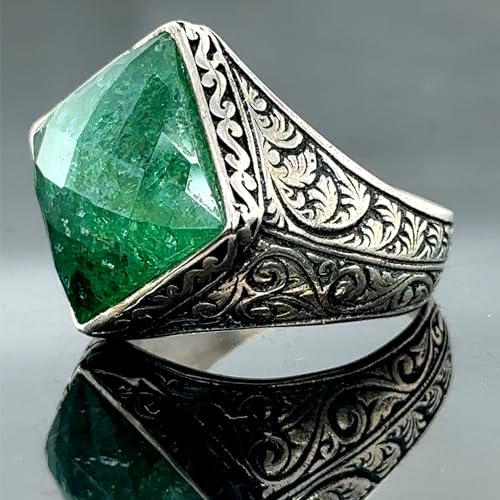 Men Handmade Ring, Square Emerald Stone Ring, Green Stone Ring, Engraved Sterling Silver Vintage Ring, Anniversary Gifts for Him4