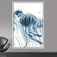 Framed Canvas Wall Art Jellyfish Bedroom Colorful Jellyfish Marine Life Multicolor Neon Photography Tropical - 16x24 inches