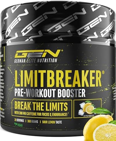 GEN GERMAN ELITE NUTRITION LIMITBREAKER® Pre Workout Booster - 360 g | Saurer Zitrone - 300 mg Koffein, L-Citrullin, AAKG, Beta Alanin & L-Theanin - 20 Portionen - Hochdosiert - La