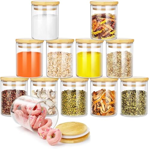 Image of Glass Food Storage Containers with Airtight Bamboo Lid, Coffee Storage Jars for Home Kitchen, Pantry Tea, Spices, Snack (ROUND 220 ML JAR, SET OF 12)