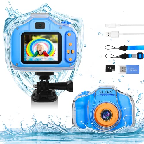 CL FUN Kids Waterproof Camera Gifts for 5 6 7 8 9 10 Year Old Girls, Toddler Christmas Birthday Gifts Underwater Video Recorder with 32GB SD Card, Pink