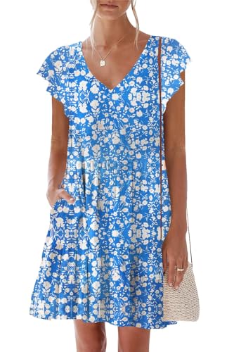 Image of nclook Womens Summer Casual Dresses Sweet Cute V Neck Mini Dress with Pockets Ruffle Short Sleeve