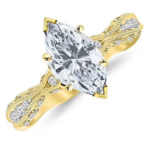 14K White Gold 1 Carat LAB GROWN DIAMOND Channel Set Eternity Curving Marquise Cut Diamond Engagement Ring (G-H Color VS1-VS2 Clarity 0.75 Ct Center)