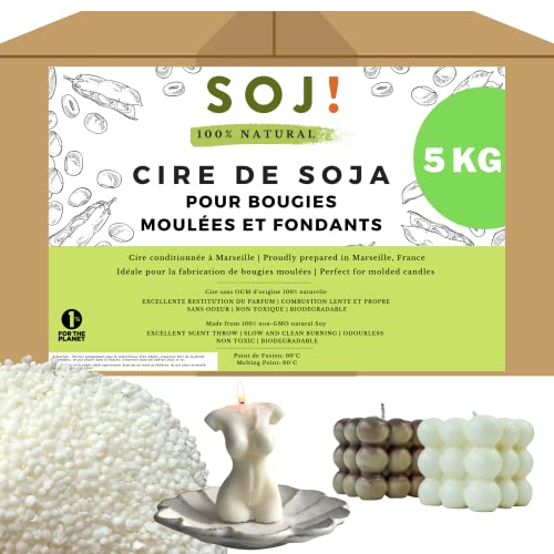 Cera de soja para velas moldeadas y fondant en pastilla, cera para velas sin OGM, 100% natural y vegano, fabricación de velas vegetales, envasado en Francia (5KG)